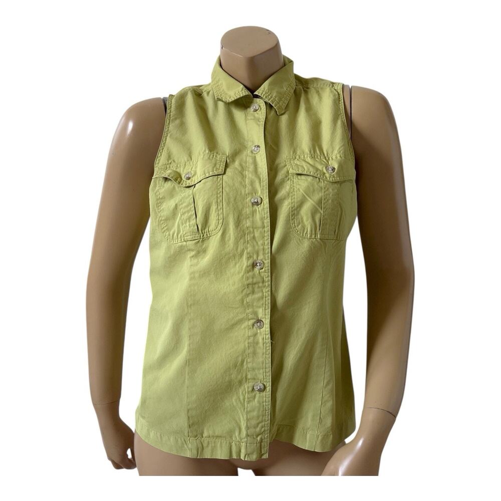 Columbia Button Up Shirt Womens M Sleeveless Green Cotton Utility Pockets Collar